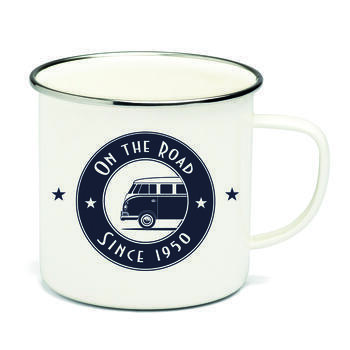 Mug émaillé collection Combi Volkswagen : - Modèle : On the road - Blanc / Marine