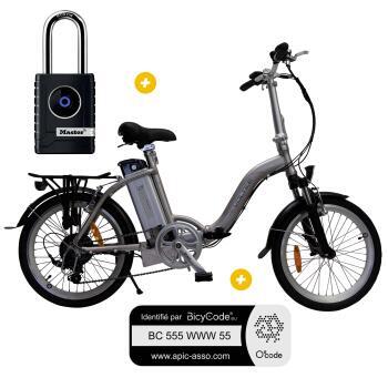 Pack Cyclo Mania : Vélo électrique pliant 20 pouces 10,4A CLASSIC Gris + Cadenas connecté Bluetooth