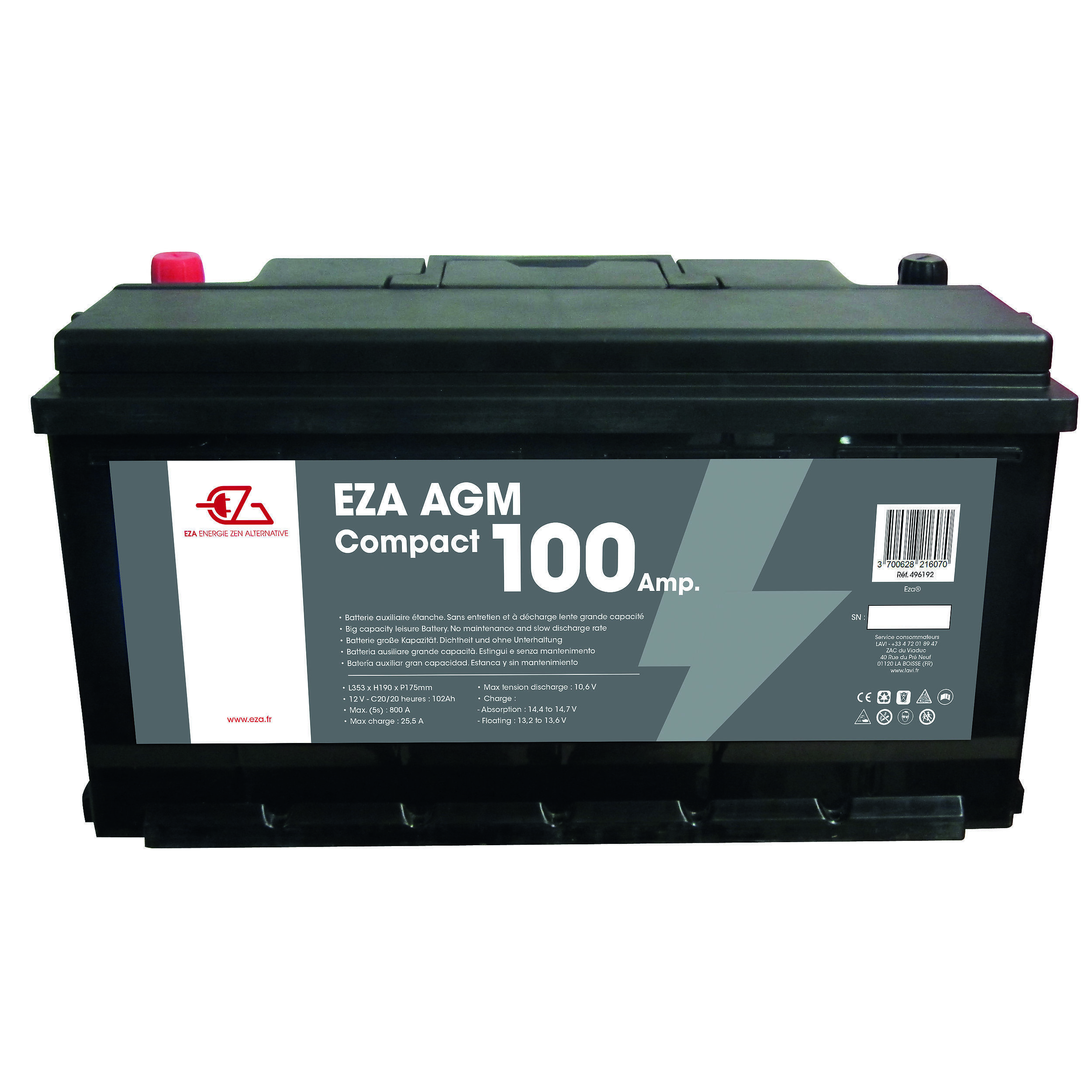 Batterie auxiliaire AGM : 100Ah (compacte)