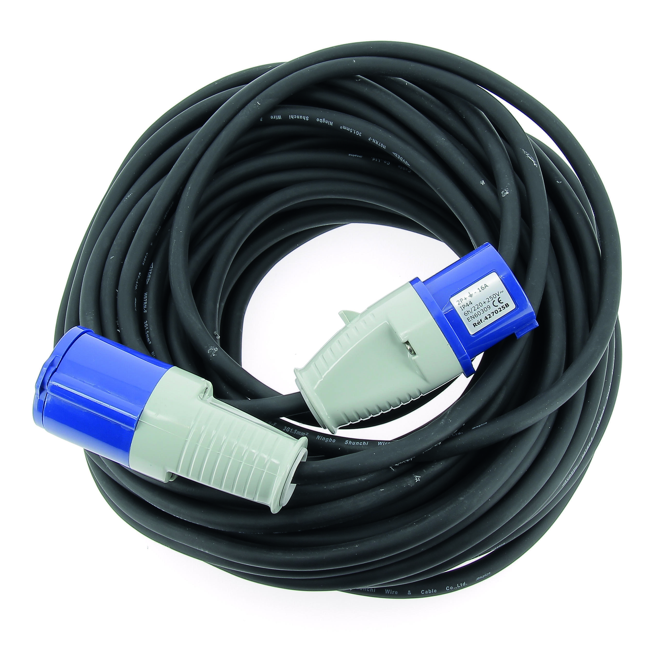 Rallonge secteur normes CEE 17 pour bornes camping : longueur : 15 mètres. Section câble : 1,5 mm2
