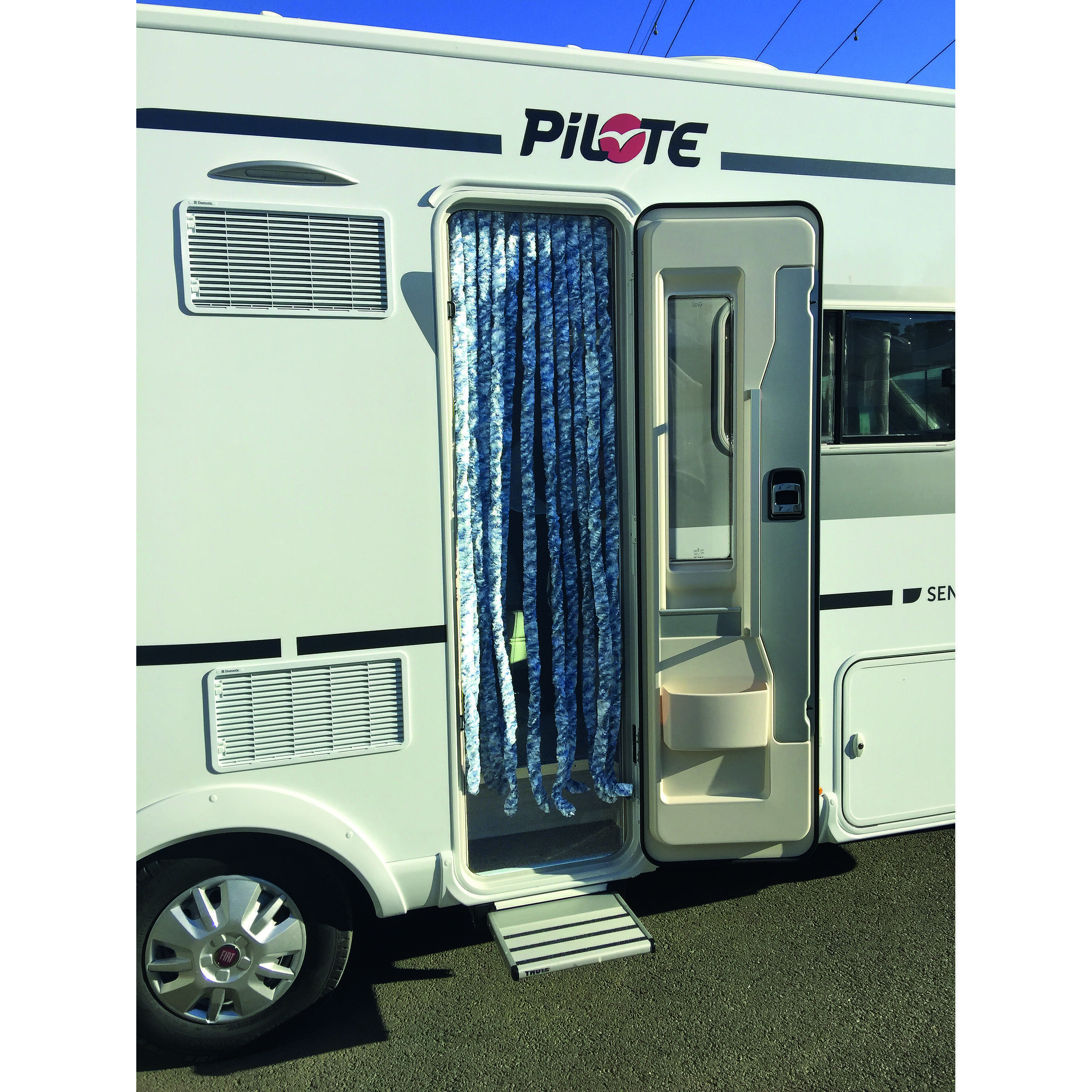 Rideau chenille pour porte camping-car : - Coloris : Bleu / Gris / Blanc