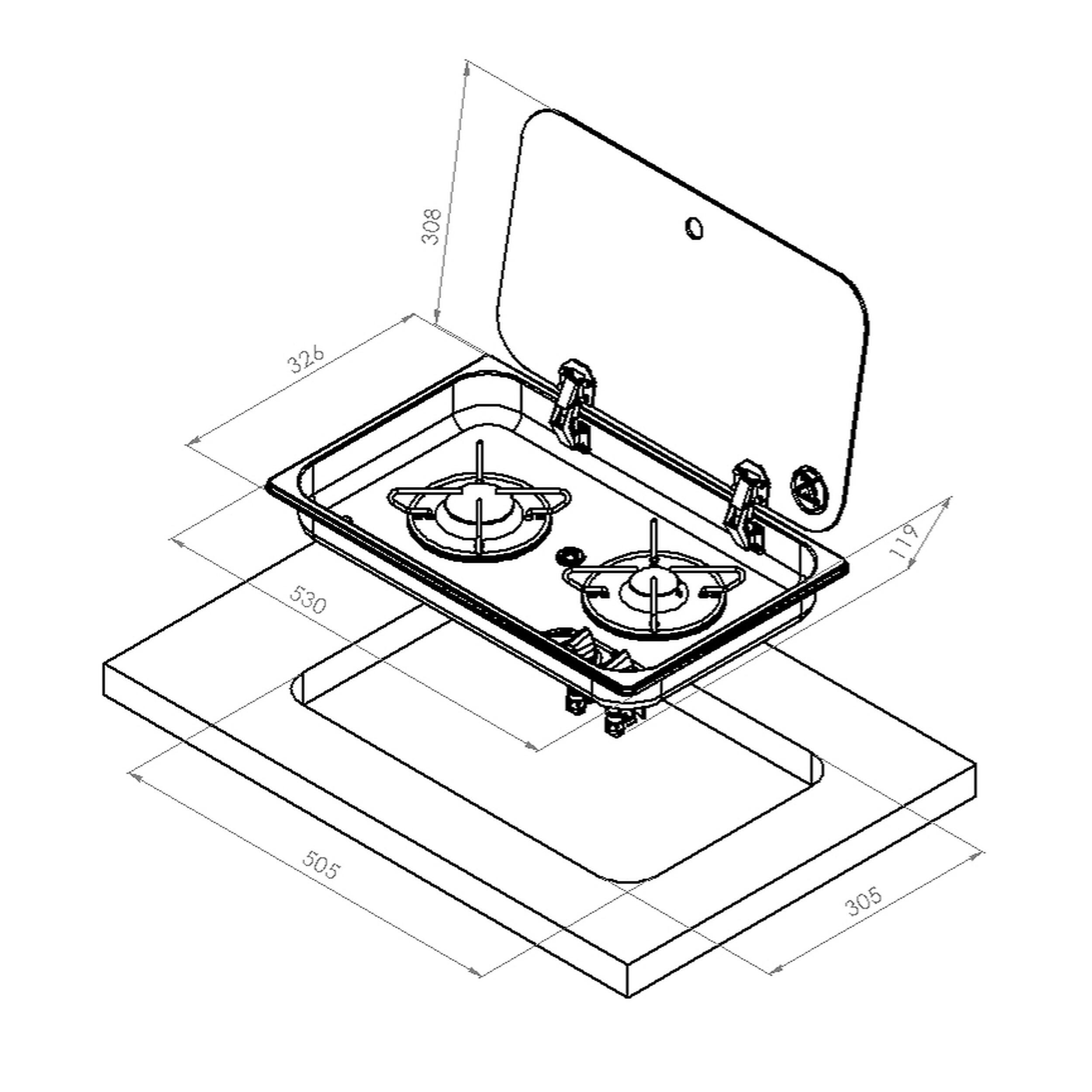 Réchaud à gaz encastrable avec couvercle en acier inoxydable : 2 Feux 530 ×326